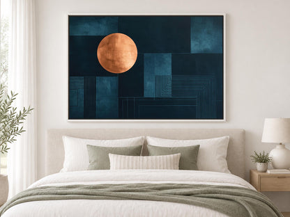 a large abstract painting hanging on a wall above a bed with white pillows and a gray blanket.