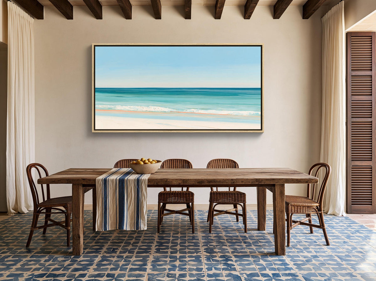 Turquoise ocean beach canvas wall art, teal sea and white surf on pale sand