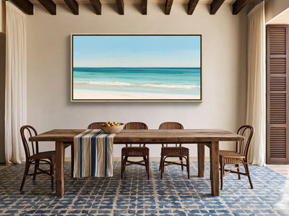 Turquoise ocean beach canvas wall art, teal sea and white surf on pale sand