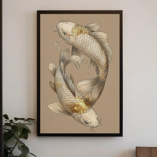 a framed illustration of two goldfish swimming in a circular pattern.