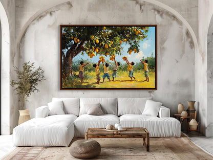 Indian Kids Mango Tree , Desi Children canvas wall art shown in a living room (view 2)
