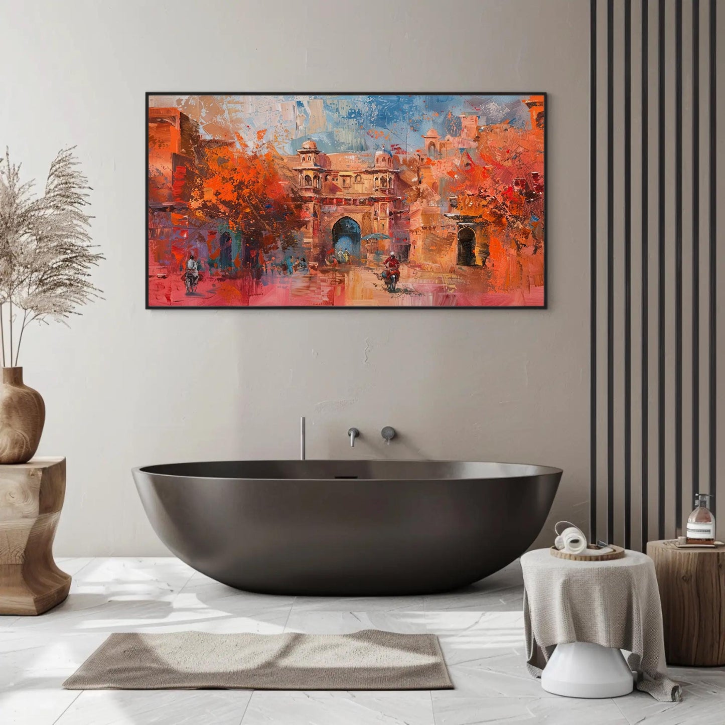 Jaipur Abstract Oil Painting canvas wall art shown in a bathroom