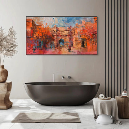 Jaipur Abstract Oil Painting canvas wall art shown in a bathroom
