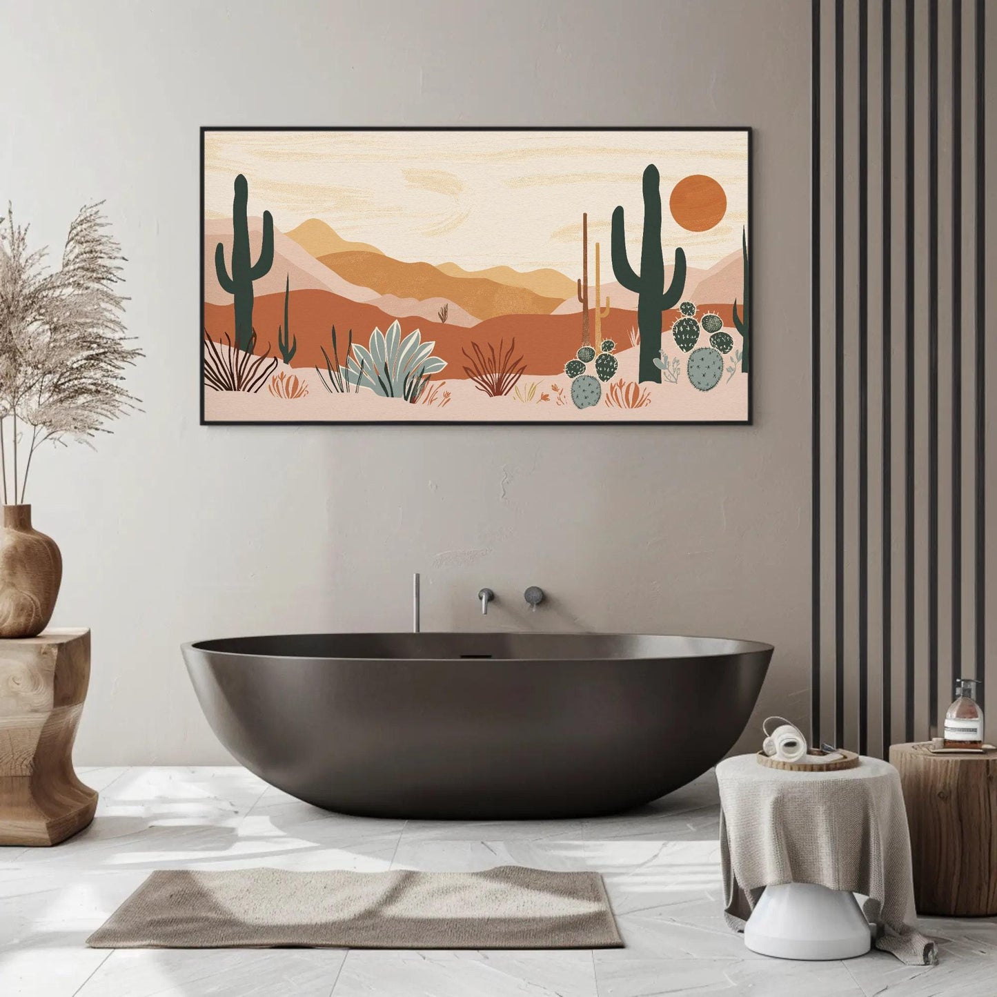 Desert Cacti canvas wall art shown in a bathroom