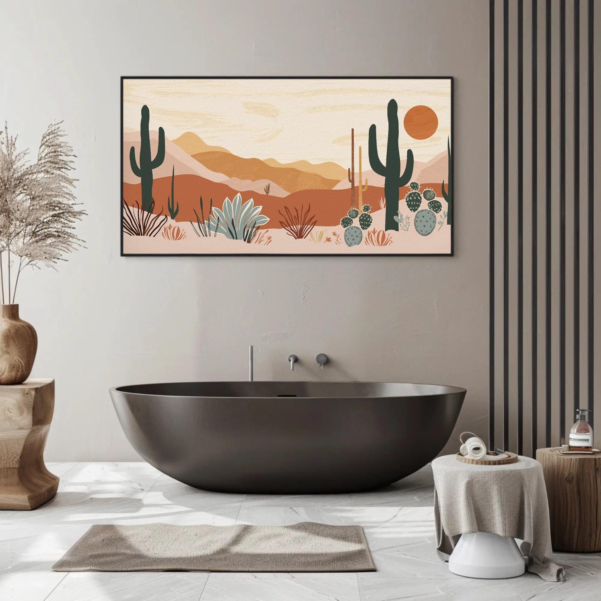 Desert Cacti canvas wall art shown in a bathroom