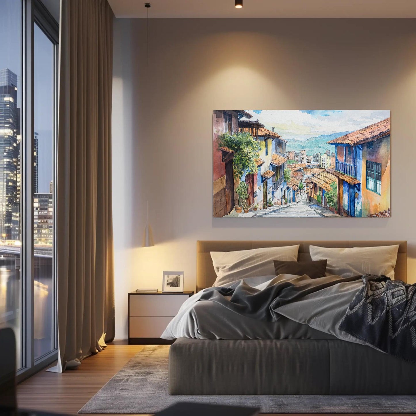 Medellín Watercolor Painting canvas wall art shown in a bedroom