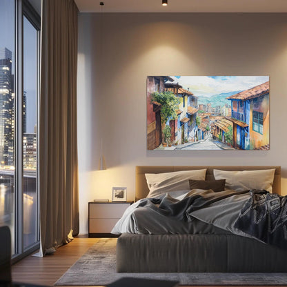 Medellín Watercolor Painting canvas wall art shown in a bedroom