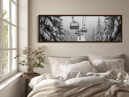 Ski Lift , Panoramic Winter Mountain canvas wall art shown above a bed