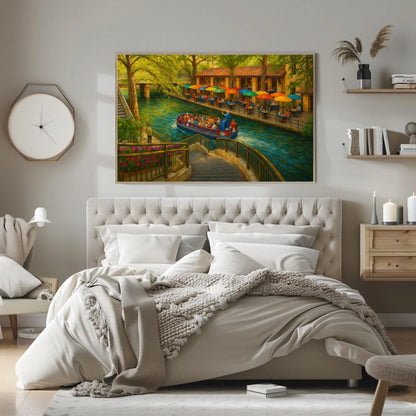 San Antonio River Walk canvas wall art shown in a bedroom