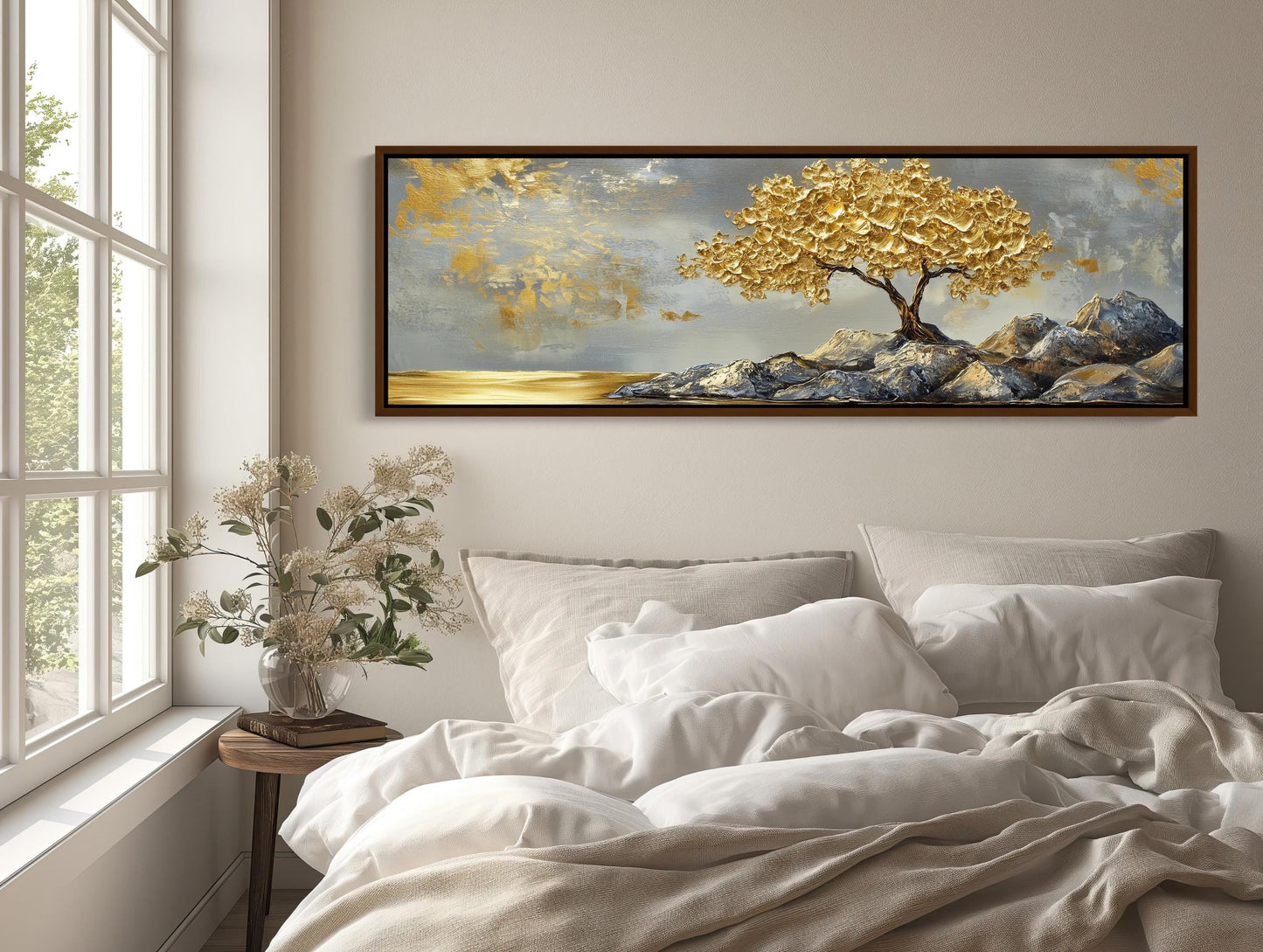 Gold Tree canvas wall art shown above a bed