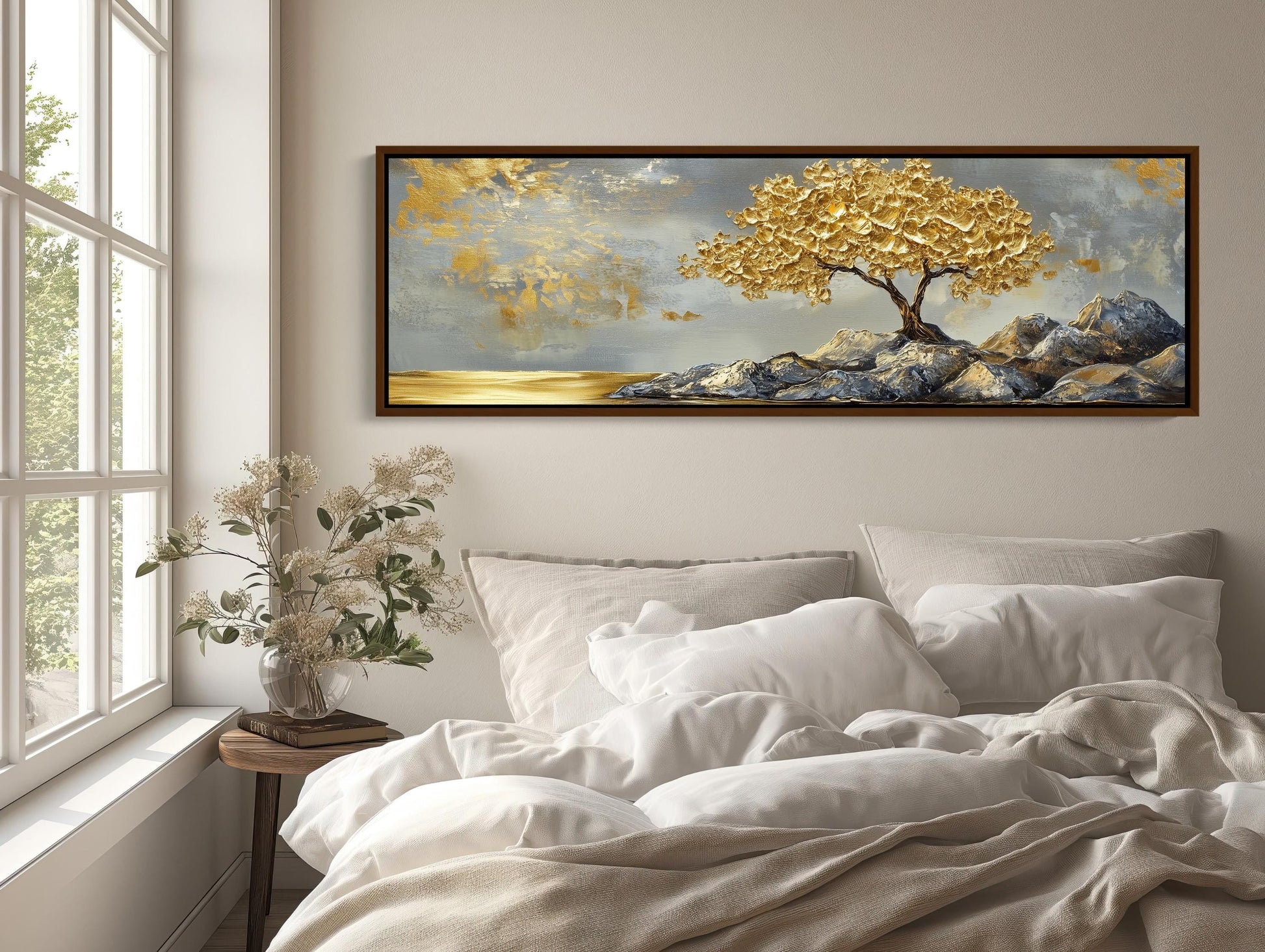 Gold Tree canvas wall art shown above a bed