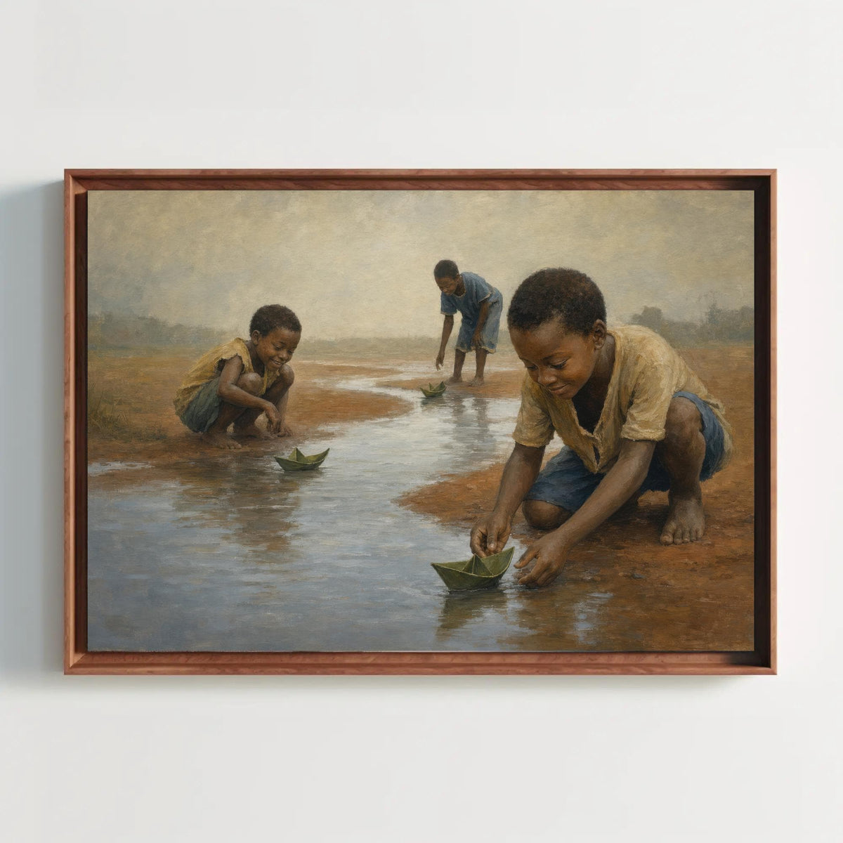 African children canvas wall art, three barefoot boys floating green paper boats on a muddy stream