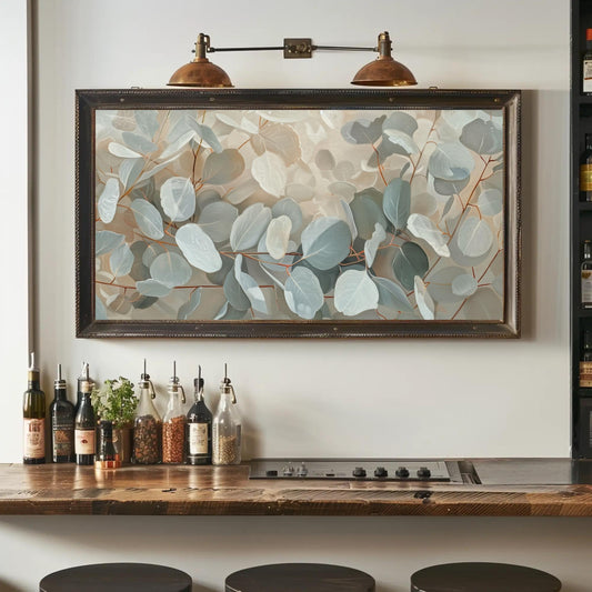a bar with stools and a painting on the wall
