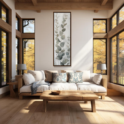 Eucalyptus Leaves , Tall Narrow Botanical canvas wall art shown in a living room (view 4)