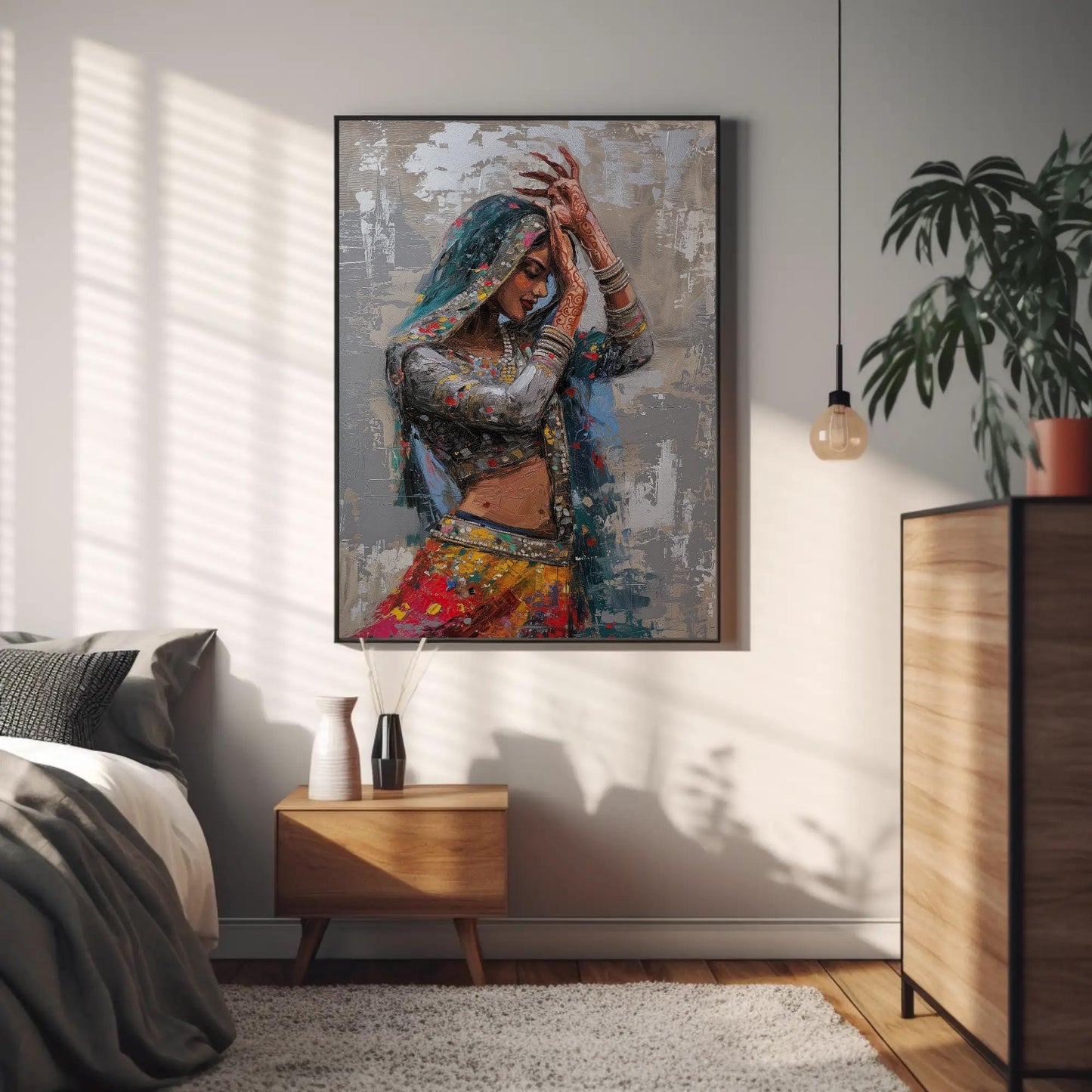 Rajasthani Woman , Vibrant Indian Ethnic canvas wall art shown in a styled room (view 4)