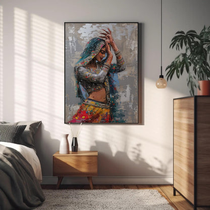 Rajasthani Woman , Vibrant Indian Ethnic canvas wall art shown in a styled room (view 4)