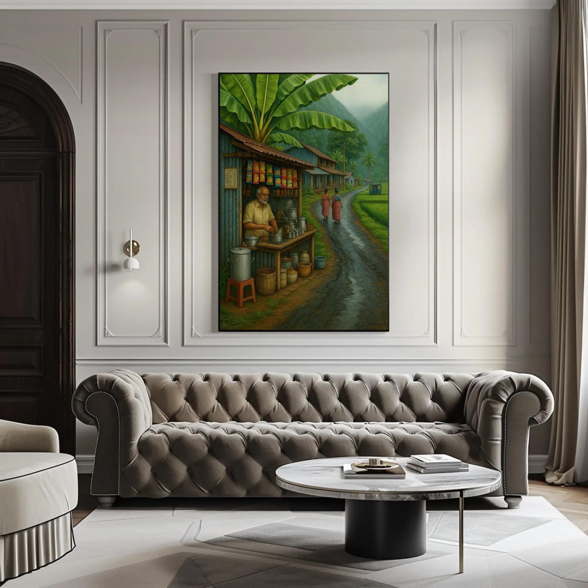 South Indian Tea Stall Art canvas wall art shown in a living room
