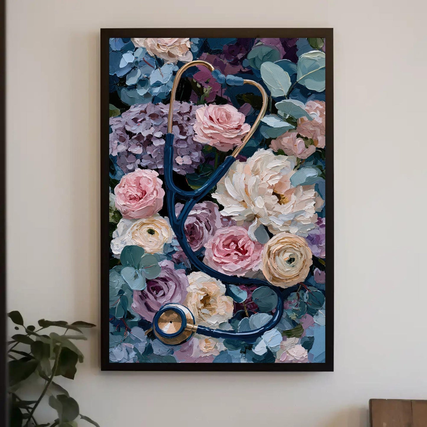 Stethoscope Wall Art, Peony Oil Painting Floral Canvas for Medical Office Decor