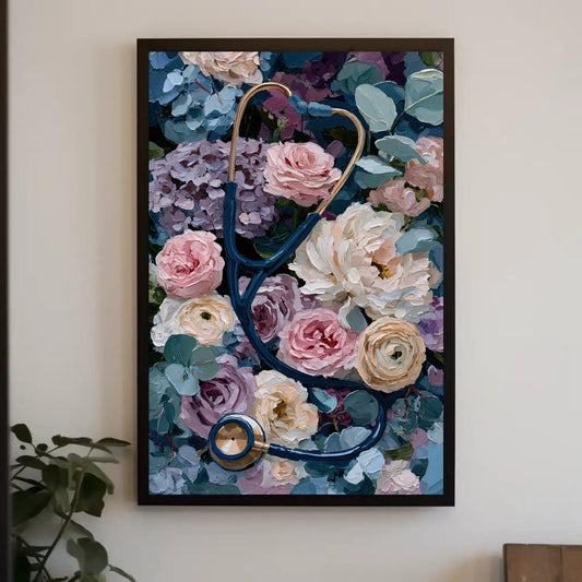 A framed painting depicting a stethoscope surrounded by a vibrant floral arrangement, including roses, hydrangeas, and other colorful blooms.