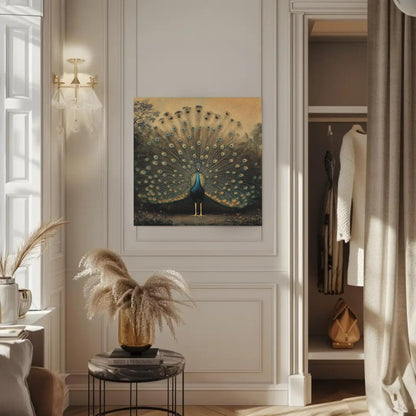 Peacock canvas wall art shown in a styled interior