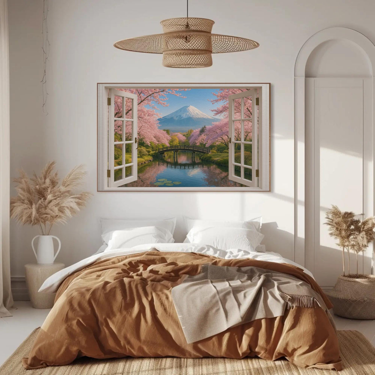 Mount Fuji window view canvas wall art, bedroom with a bed and a painting on the wall