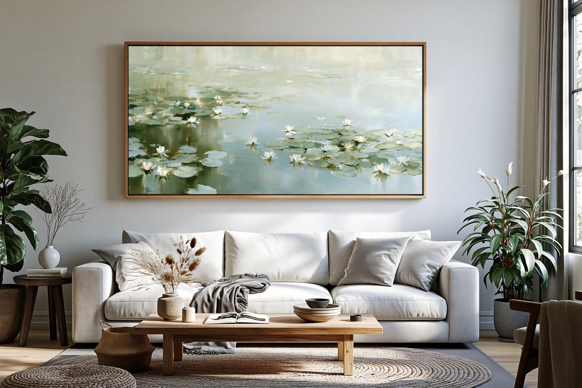 a serene living room with a large painting of water lilies hanging on the wall above a white sofa. The room is decorated with potted plants, a wooden coffee table, and a large window that allows natural light to fill the space.