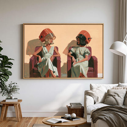 two women sitting in chairs, each wearing a red hair catcher, in a living room setting with a couch and a coffee table.