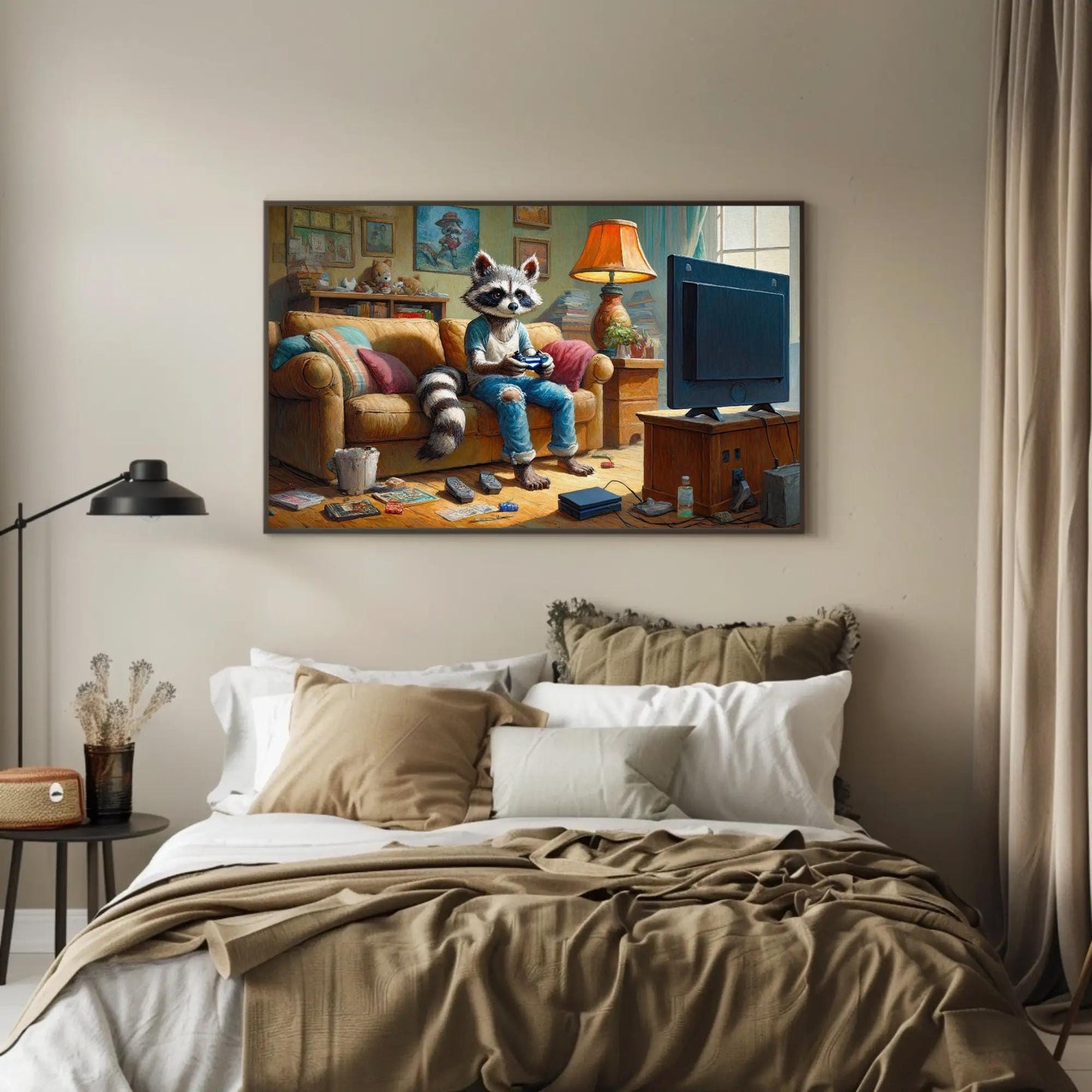 Gamer Raccoon canvas wall art shown above a sofa (view 2)