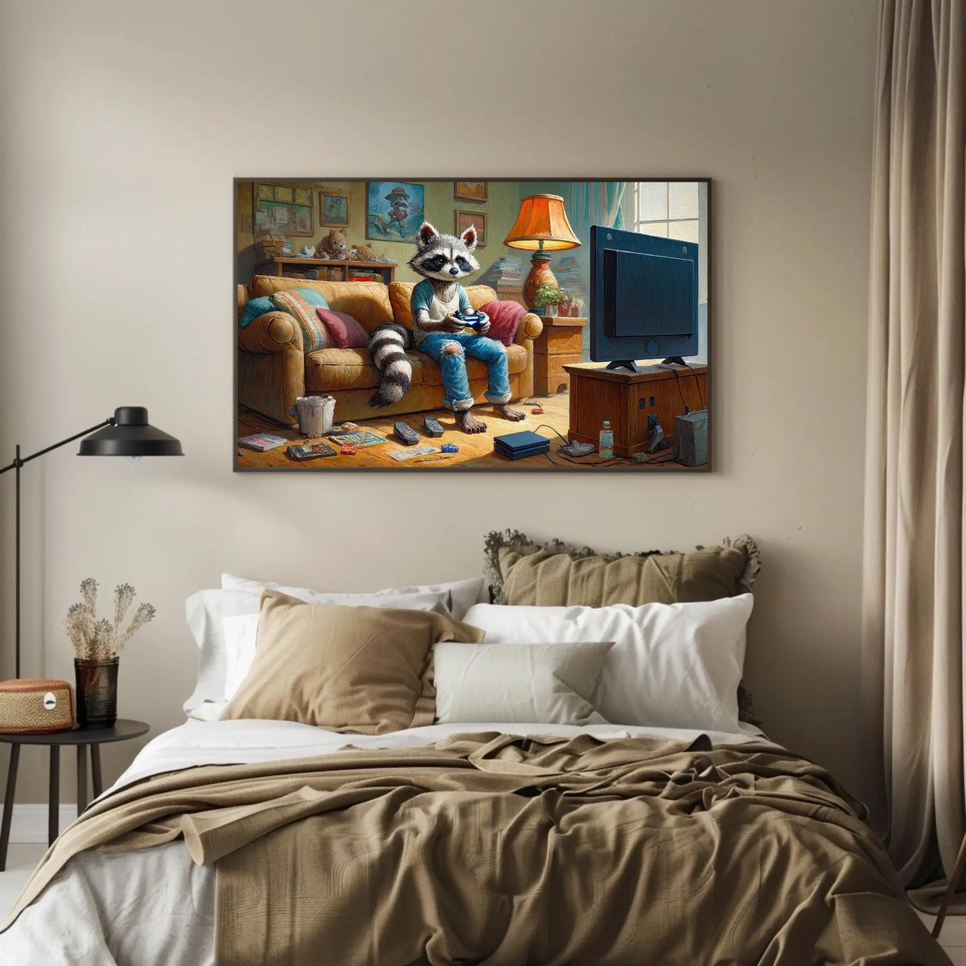 Gamer Raccoon canvas wall art shown above a sofa (view 2)