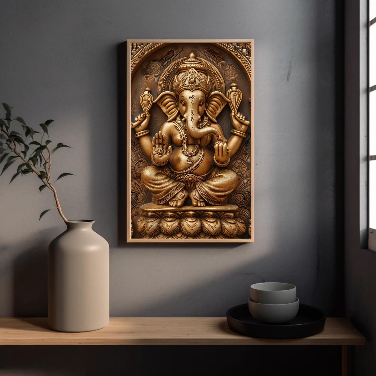 a painting of an elephant on a wall next to a vase