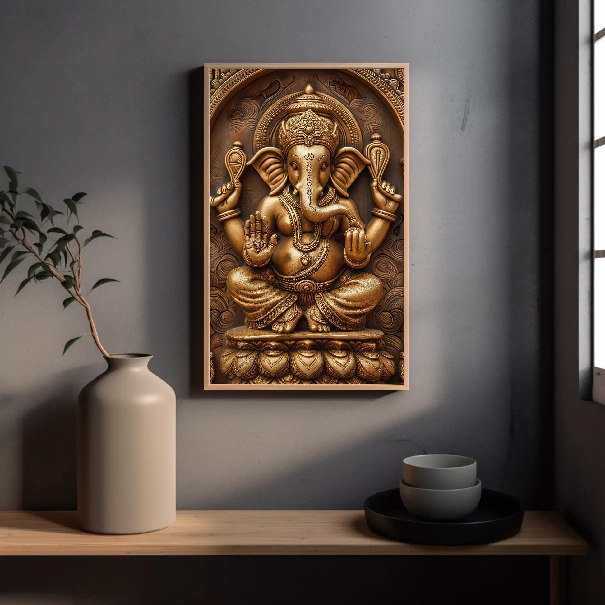 a painting of an elephant on a wall next to a vase
