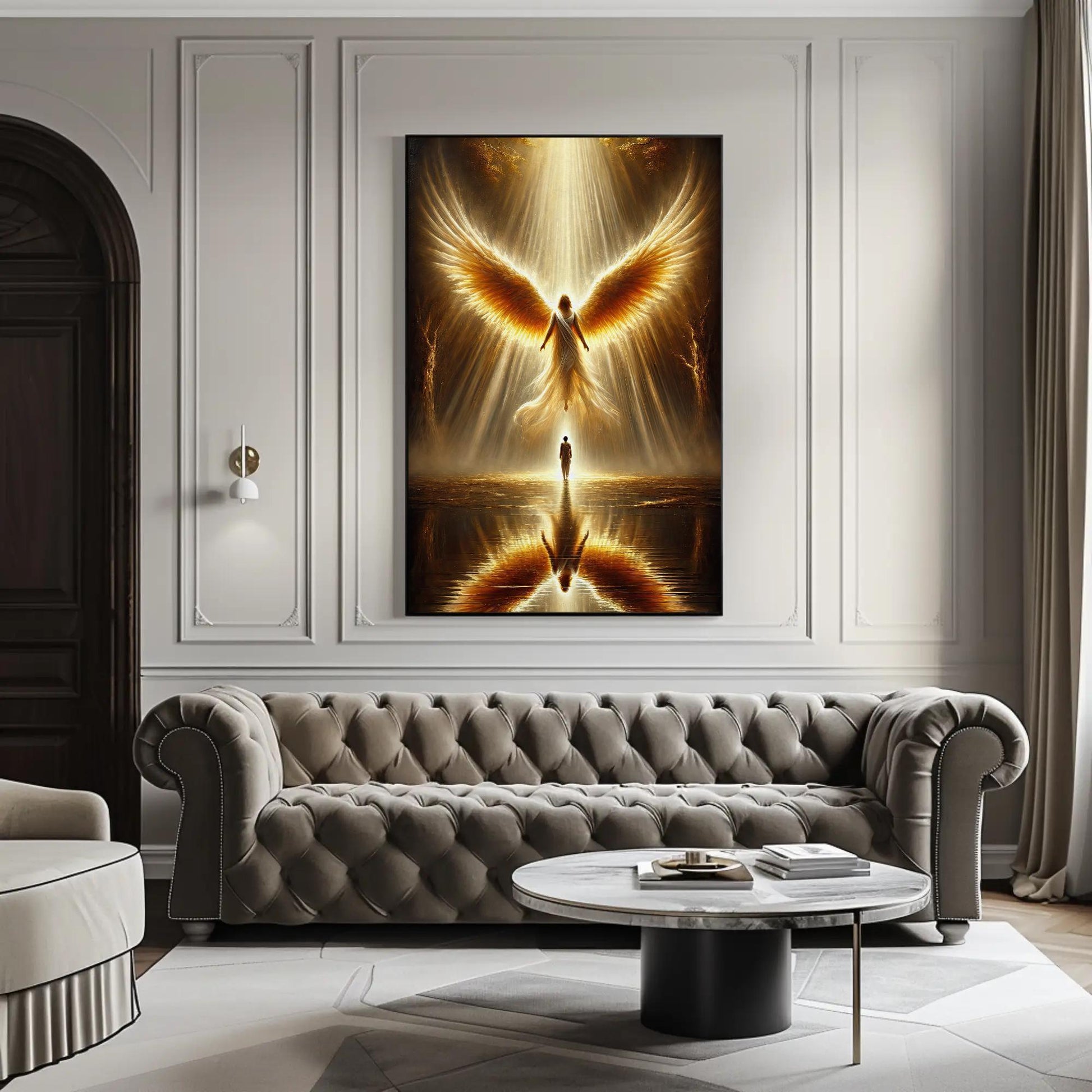 Golden Angel , Guardian Divine Protection canvas wall art shown in a living room