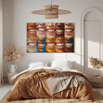 Diverse Smiling Faces , Dental Office canvas wall art shown in a bedroom (view 2)
