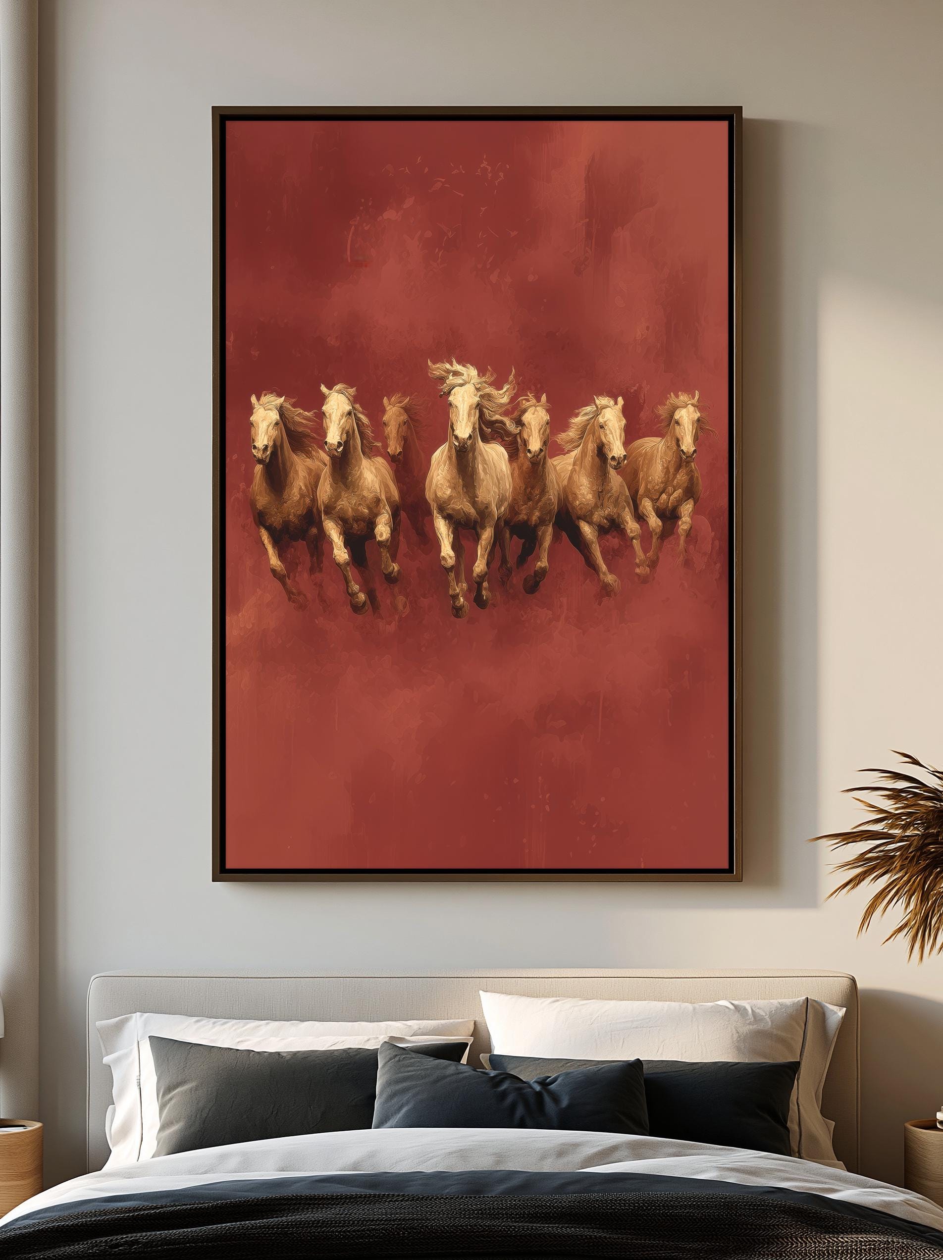 a group of horses running in a row, with a red background and a white frame.