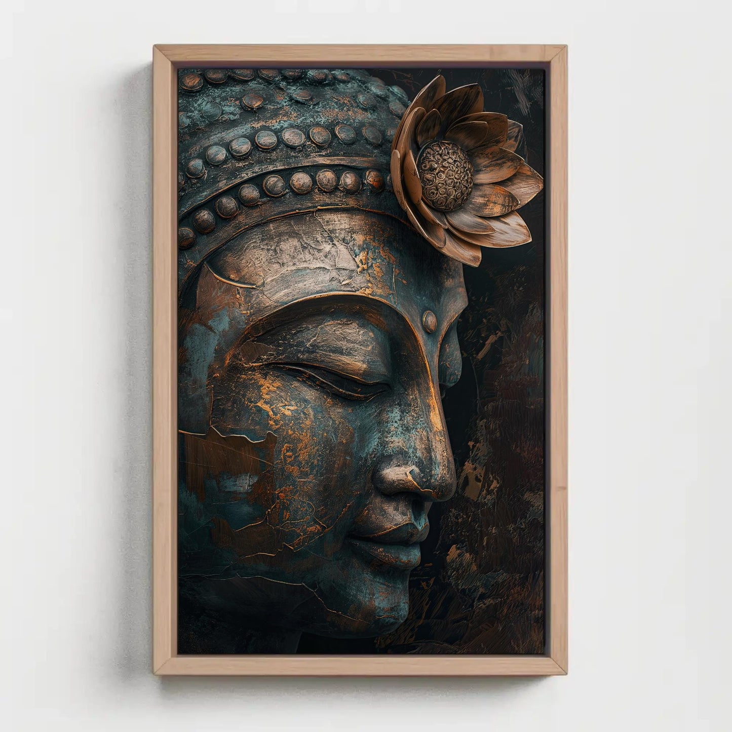 Zen Buddha canvas wall art shown in a styled room