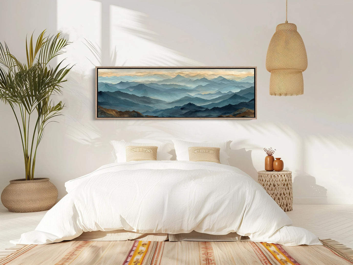 Misty Mountain , Japandi Panoramic Landscape canvas wall art shown in a bedroom (view 3)