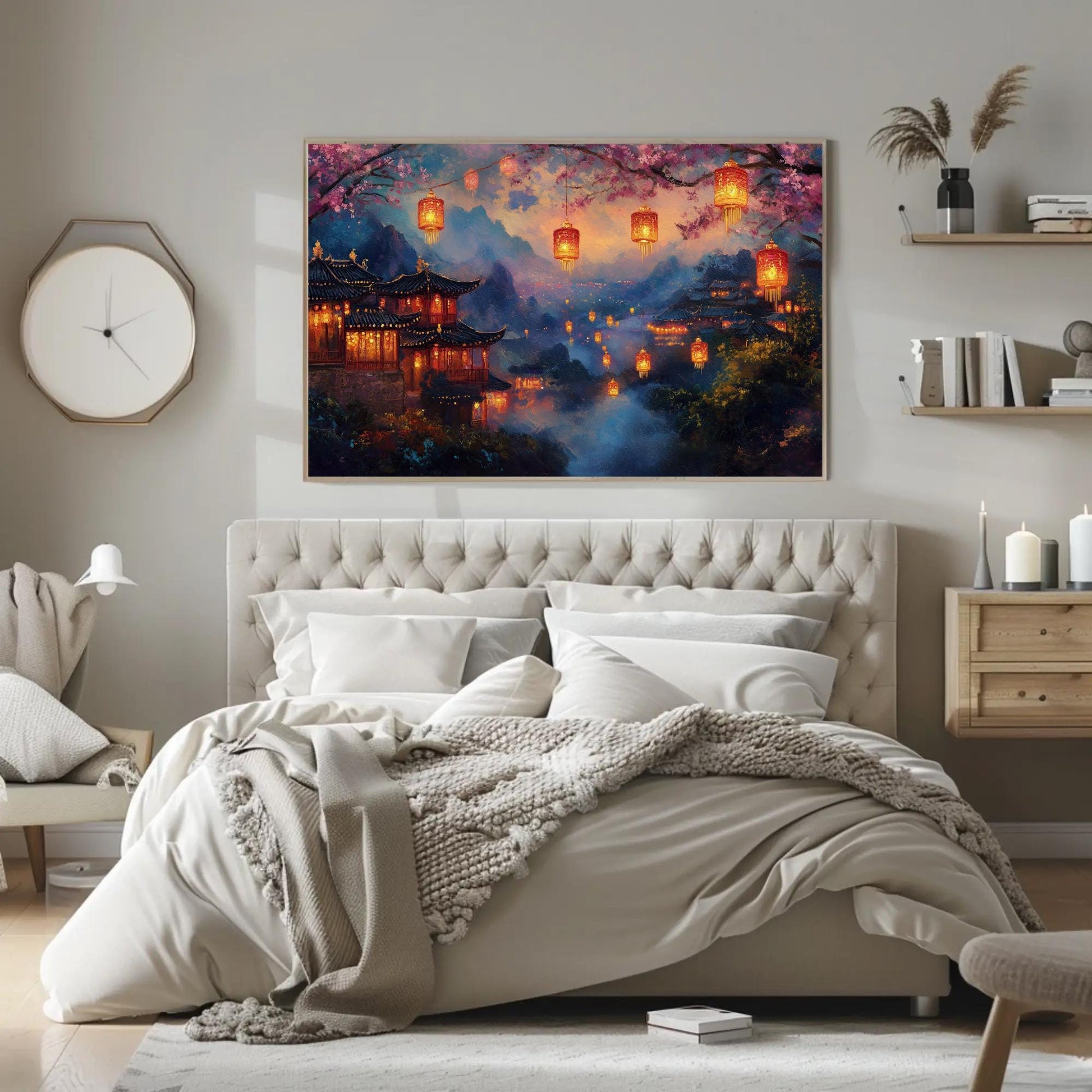 Chinese Village , Misty Mountain Lantern canvas wall art shown in a bedroom