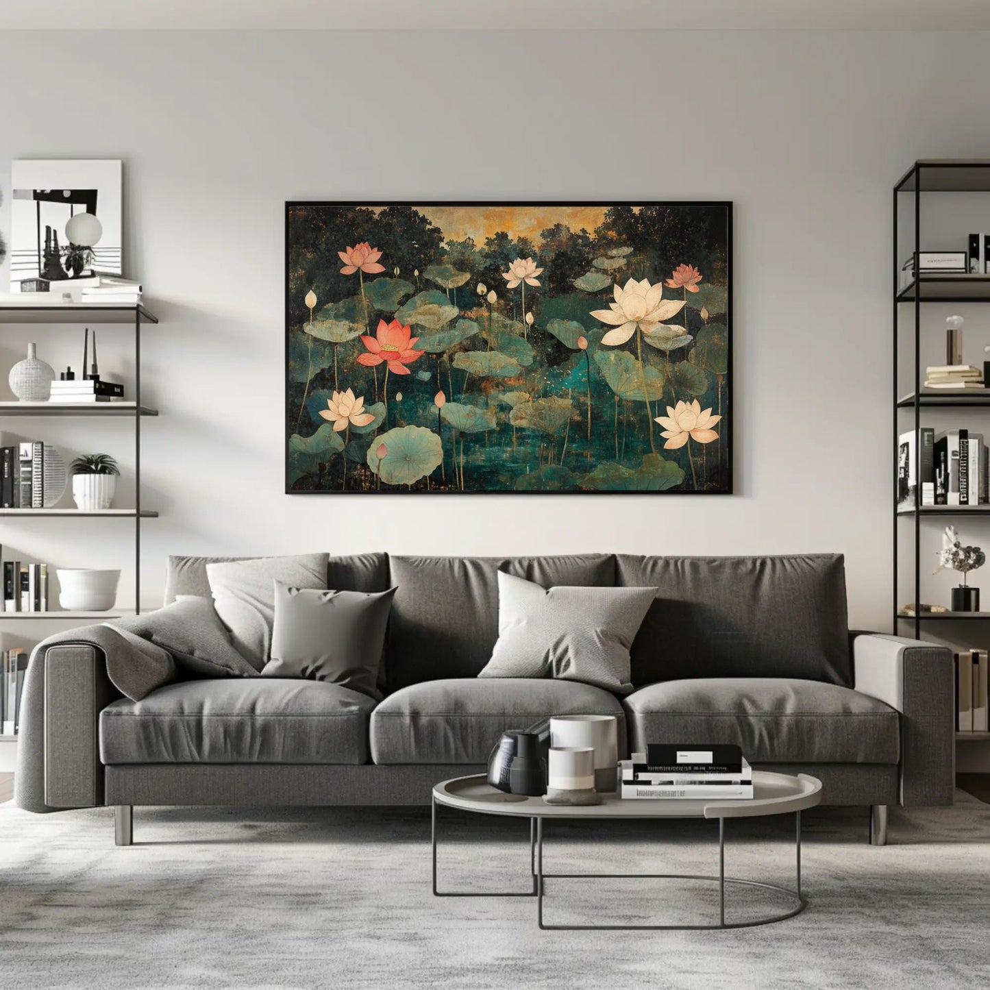 Lotus Pond , Gold Teal Indian Mughal Floral Art canvas wall art shown in a living room