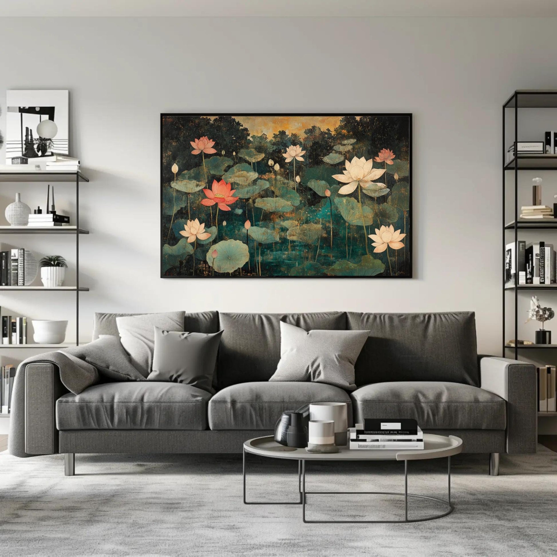Lotus Pond , Gold Teal Indian Mughal Floral Art canvas wall art shown in a living room