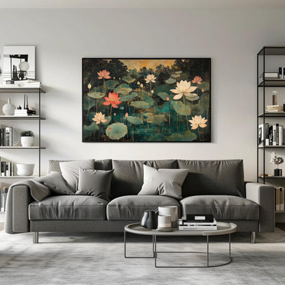 Lotus Pond , Gold Teal Indian Mughal Floral Art canvas wall art shown in a living room