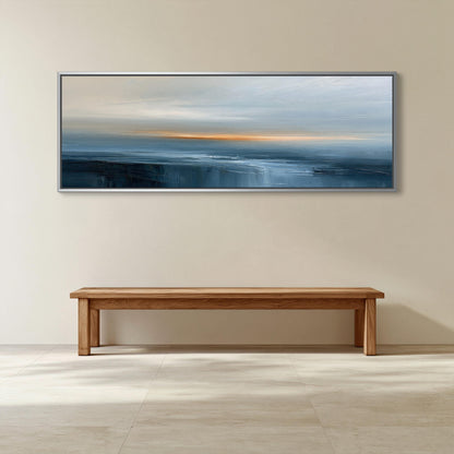 Navy orange abstract seascape canvas wall art, large, rectangular painting hanging on a wall above a wooden bench