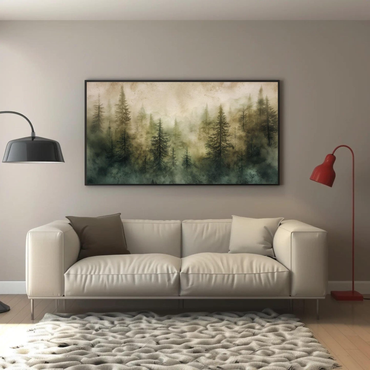 Misty Pine Forest canvas wall art shown in a living room