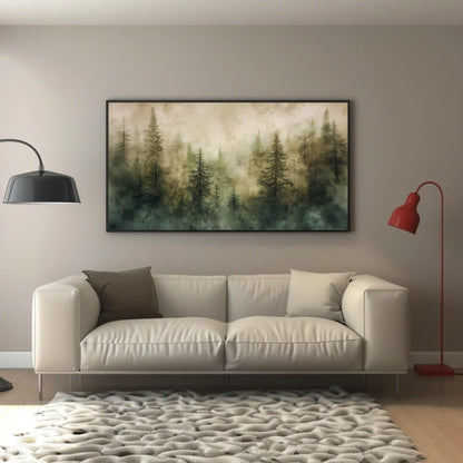 Misty Pine Forest canvas wall art shown in a living room