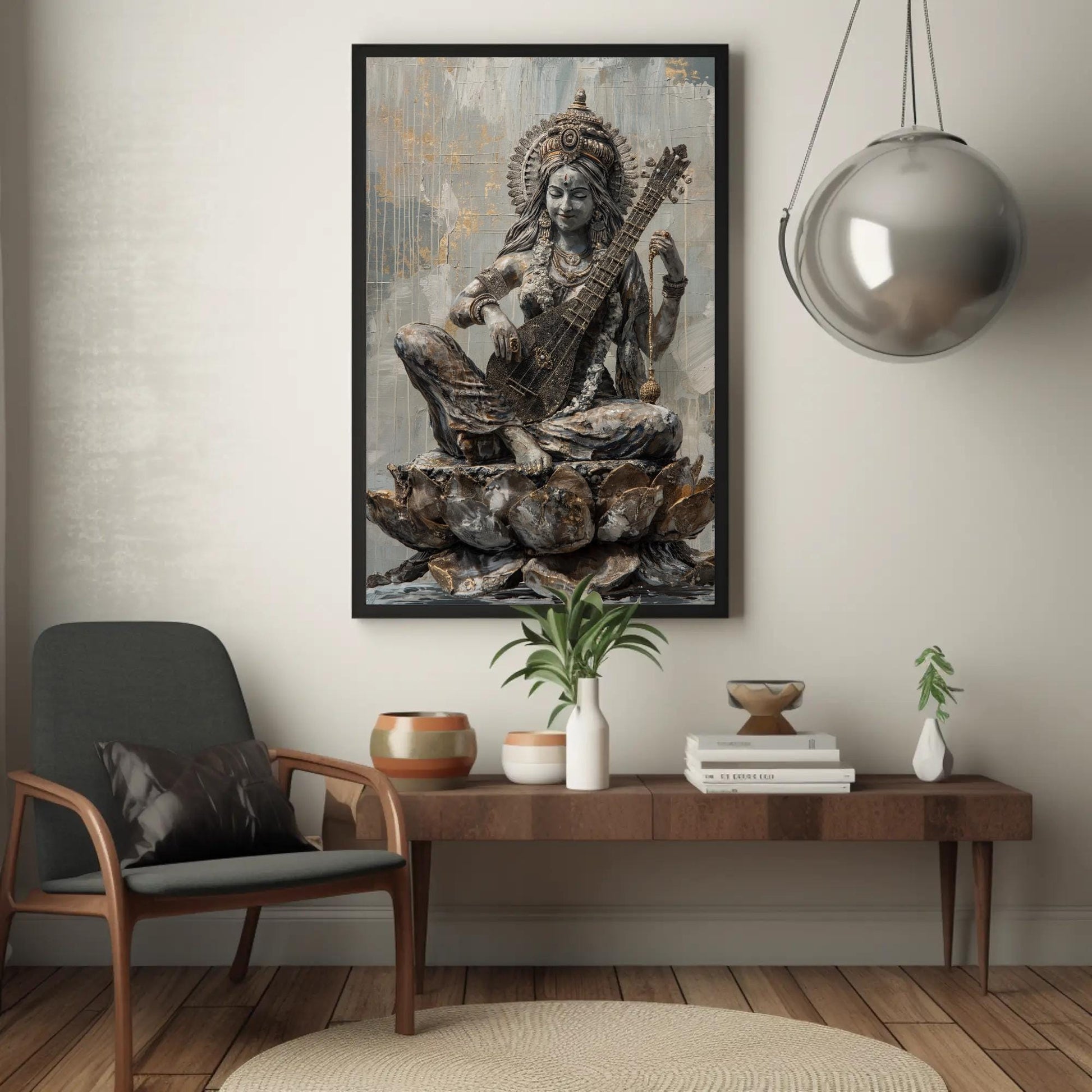 Saraswati Hindu Goddess Art canvas wall art shown in a living room (view 3)