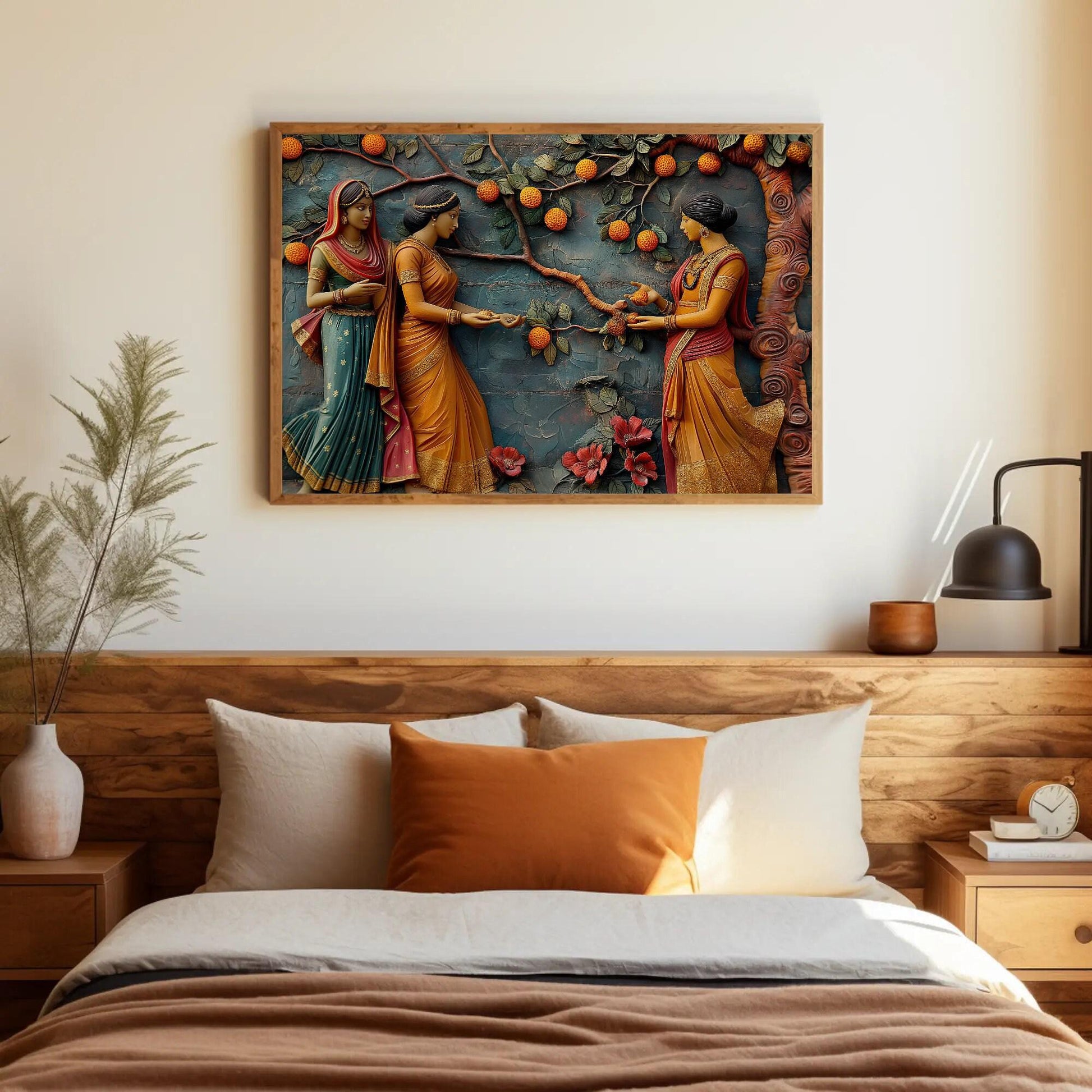 Indian Women canvas wall art shown above a bed