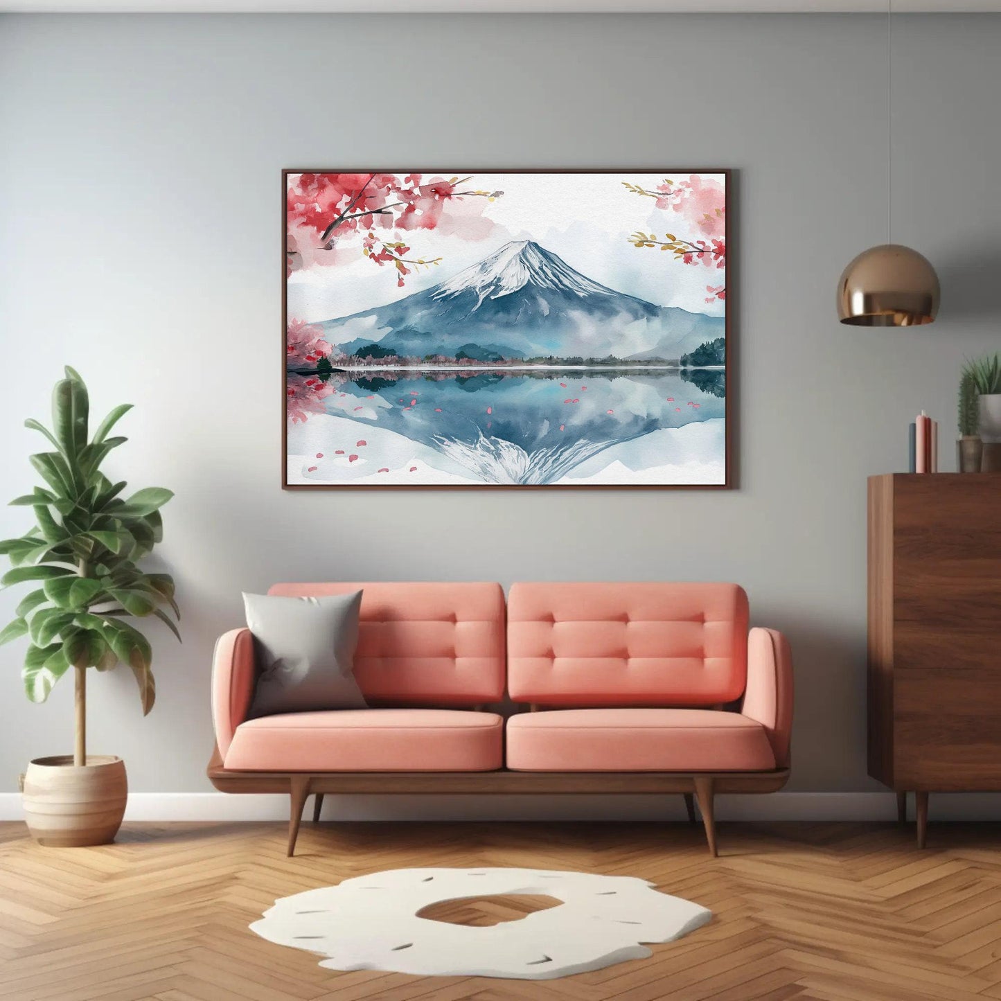 Mount Fuji canvas wall art shown in a living room