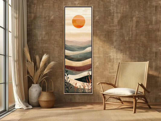 Boho Mountain Canvas Art – Minimalist Landscape, Earth Tones Wall Decor, Framed Print