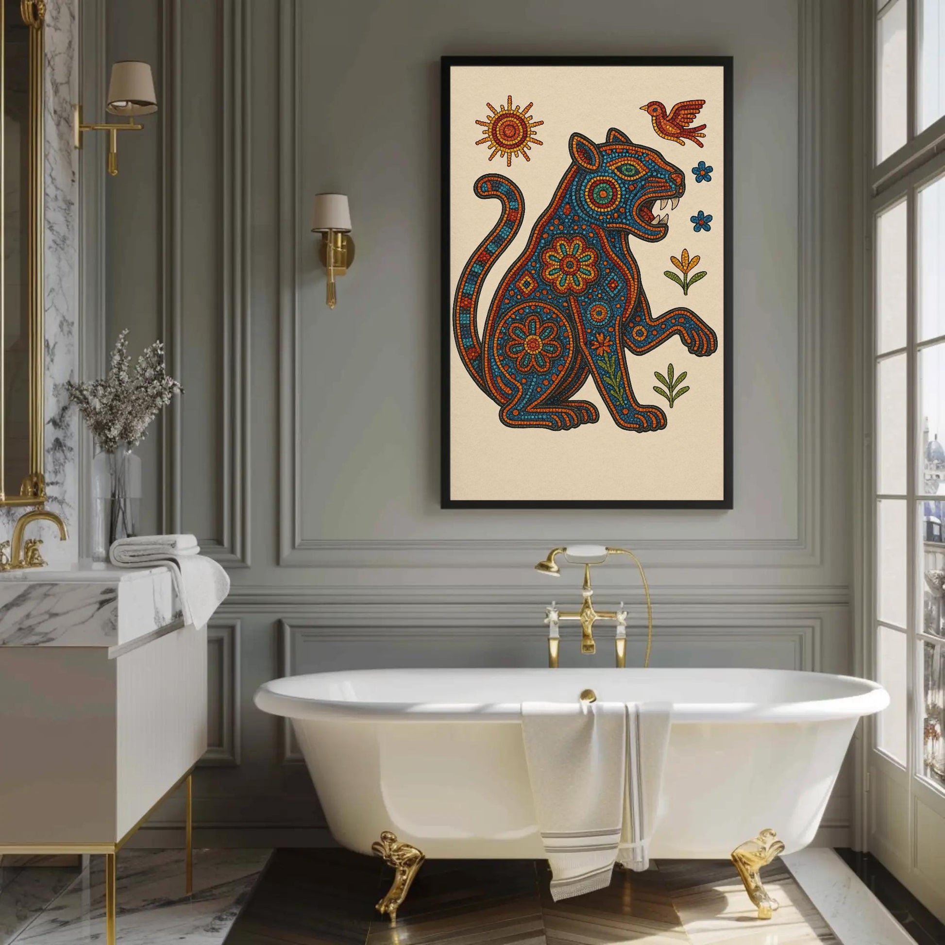 Huichol Jaguar boho canvas wall art for the home