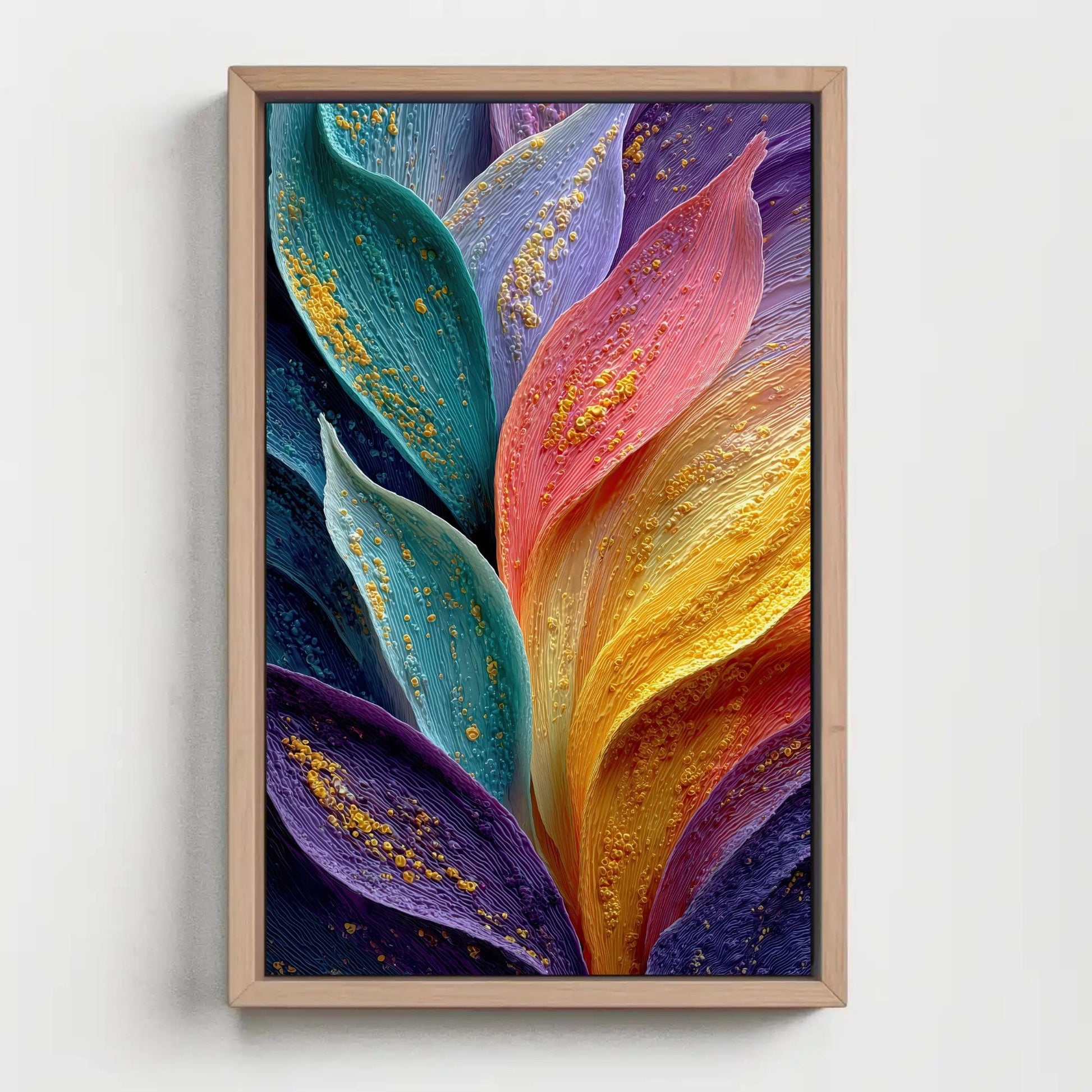 Rainbow Petals canvas wall art shown in a styled room