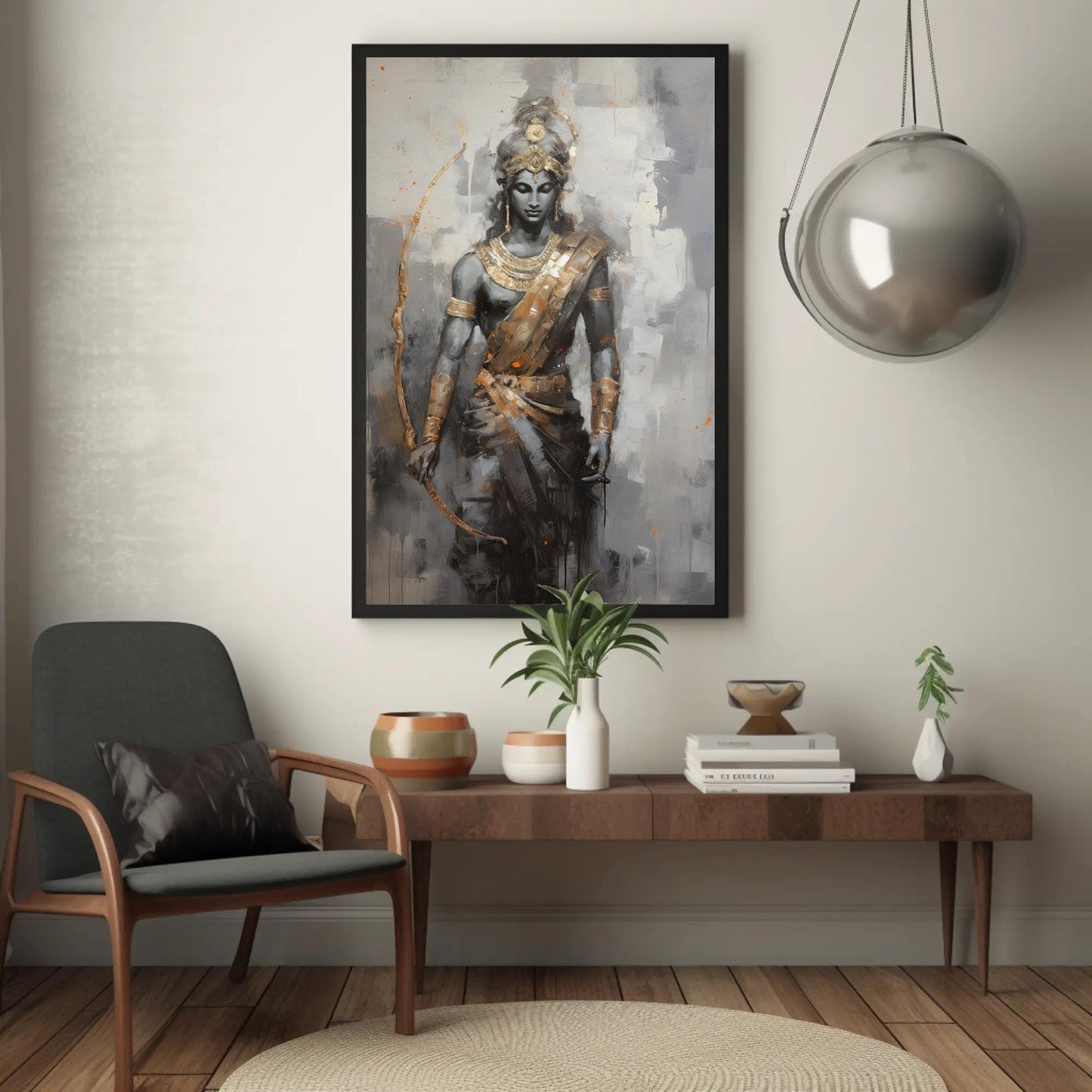 Lord Rama , Hindu God , Pooja Room canvas wall art shown in a living room
